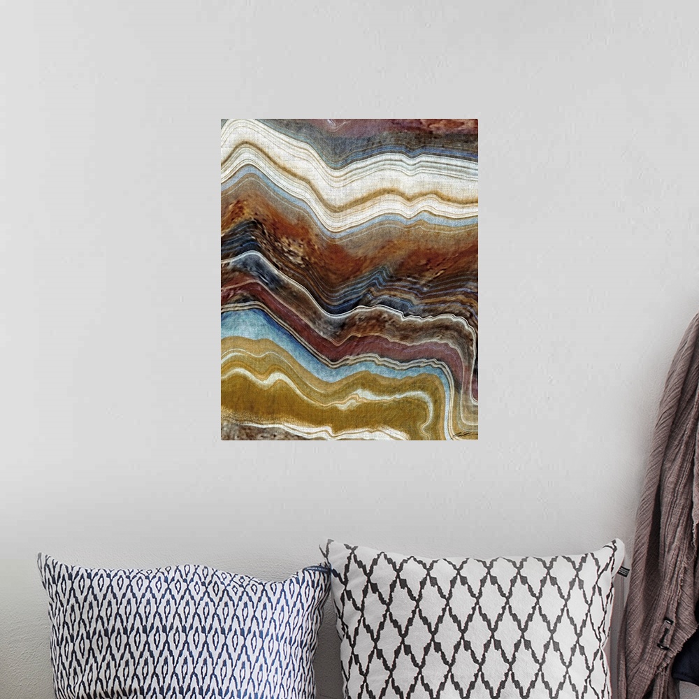 A bohemian room featuring Abstract painting resembling a close up of mineral agate layers.