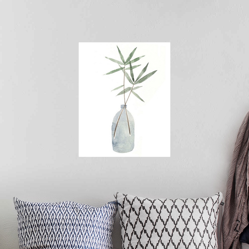 A bohemian room featuring Watercolor still life painting of leaves in an indigo vase.
