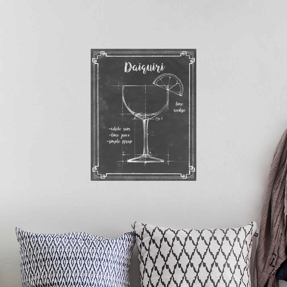 A bohemian room featuring Blueprint style diagram and recipe of a Daiquiri cocktail.