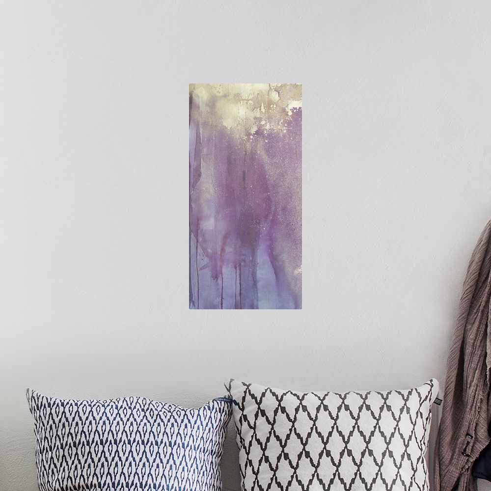 A bohemian room featuring Contemporary abstract artwork in purple and blue shades.