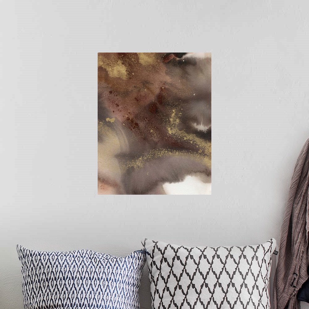A bohemian room featuring Large abstract painting created with shades of brown and metallic gold accents.