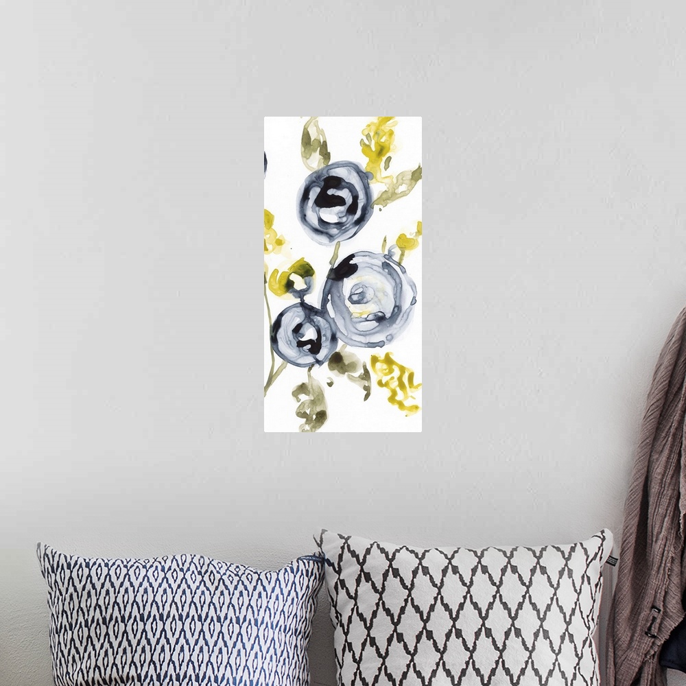 A bohemian room featuring Watercolor painting of round flowers with yellow leaves.