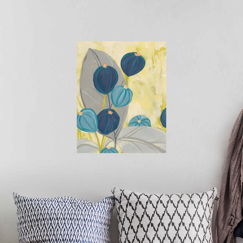 A bohemian room featuring Contemporary floral painting in navy and gray on a citron yellow background.