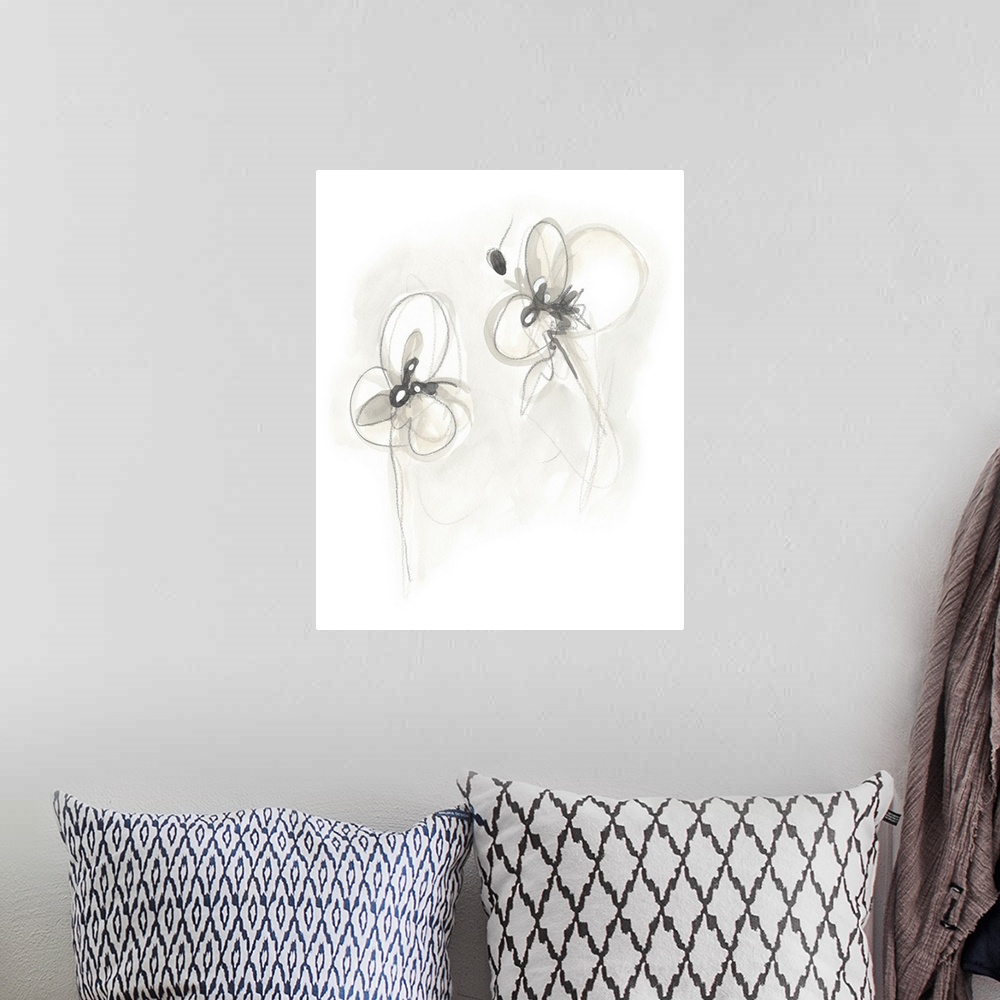 A bohemian room featuring Circular brush strokes construct gestural flowers in neutral tones in this contemporary artwork.