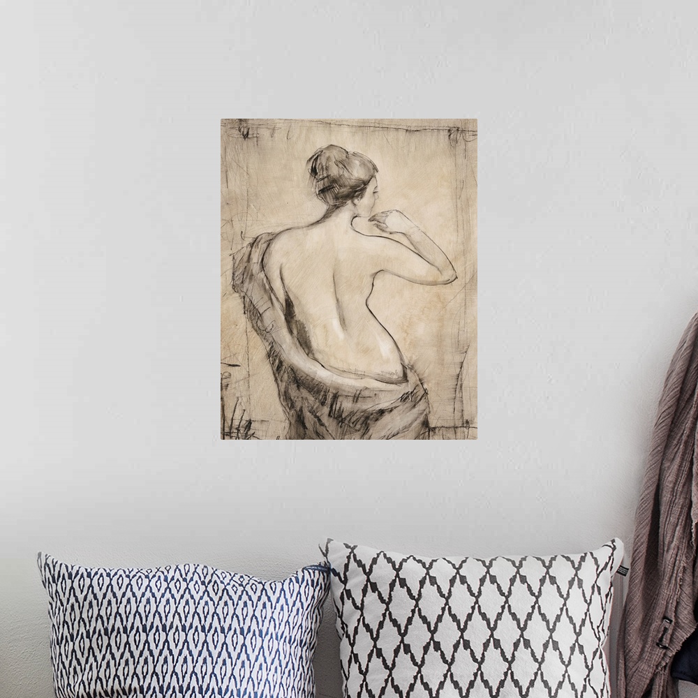 A bohemian room featuring Figurative artwork of a nude female standing with a cloth draped around the back of her.