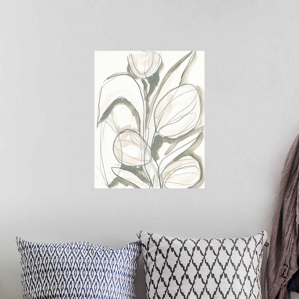 A bohemian room featuring Abstract floral painting in neutral tones.