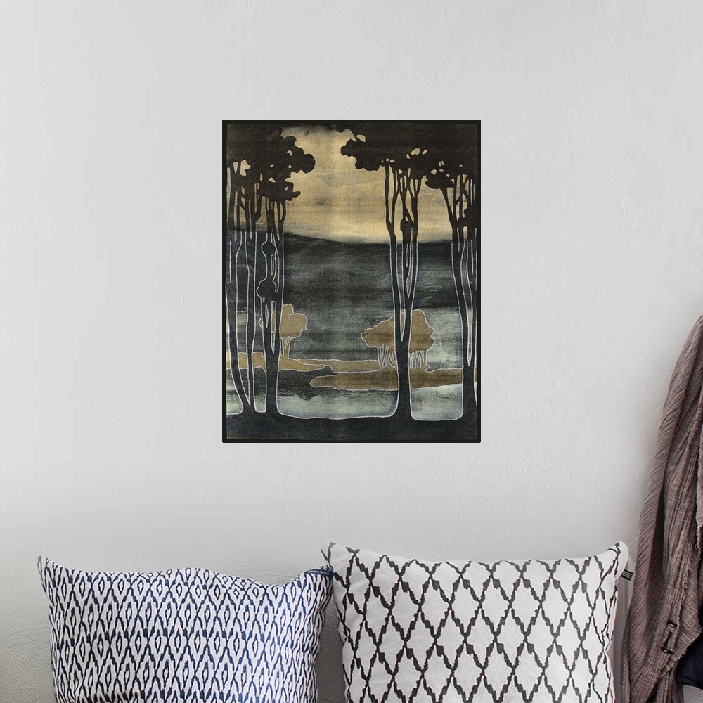 A bohemian room featuring Art nouveau stylized artwork of a silhouetted trees against a hazy looking background.