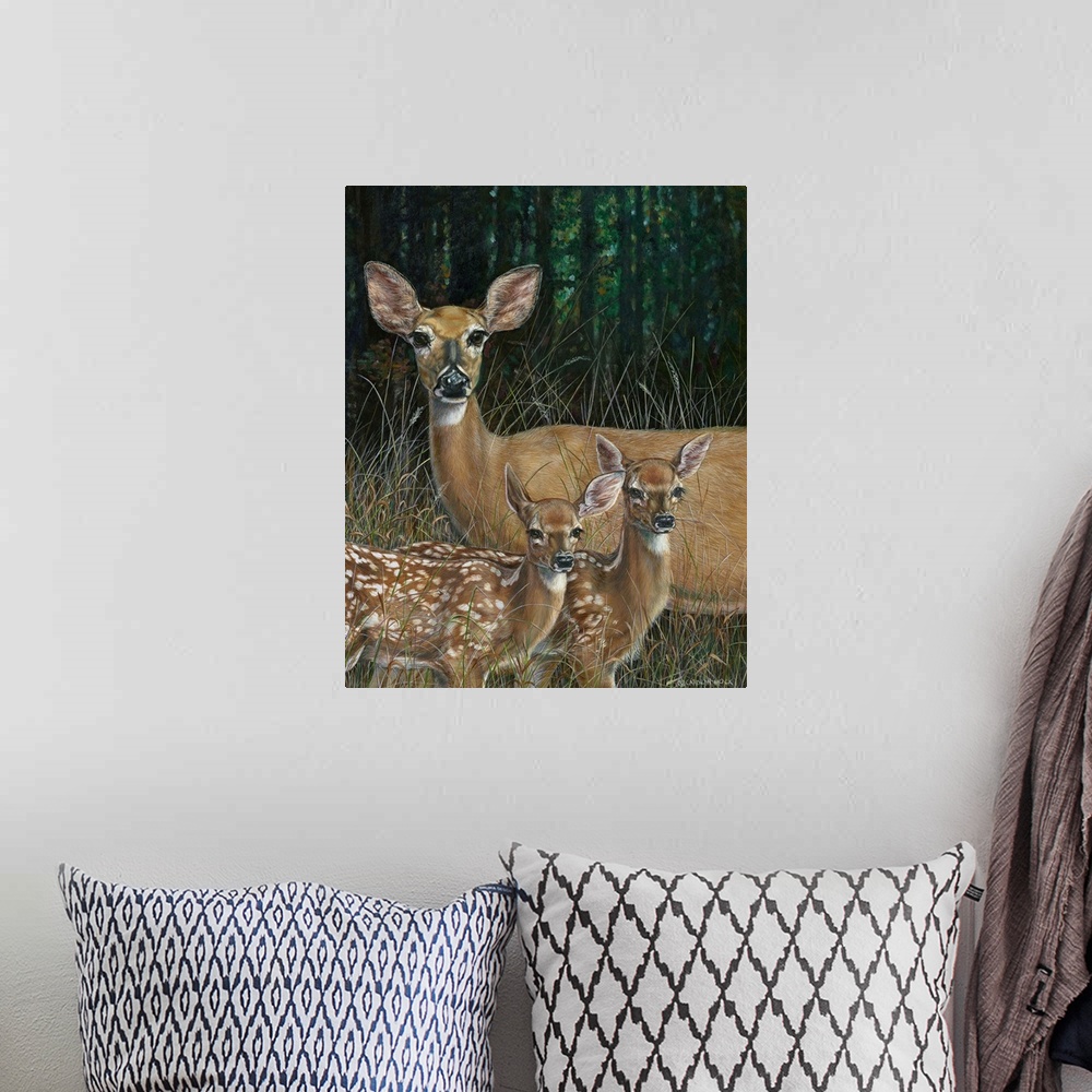 A bohemian room featuring Contemporary painting of a mother deer with offspring.