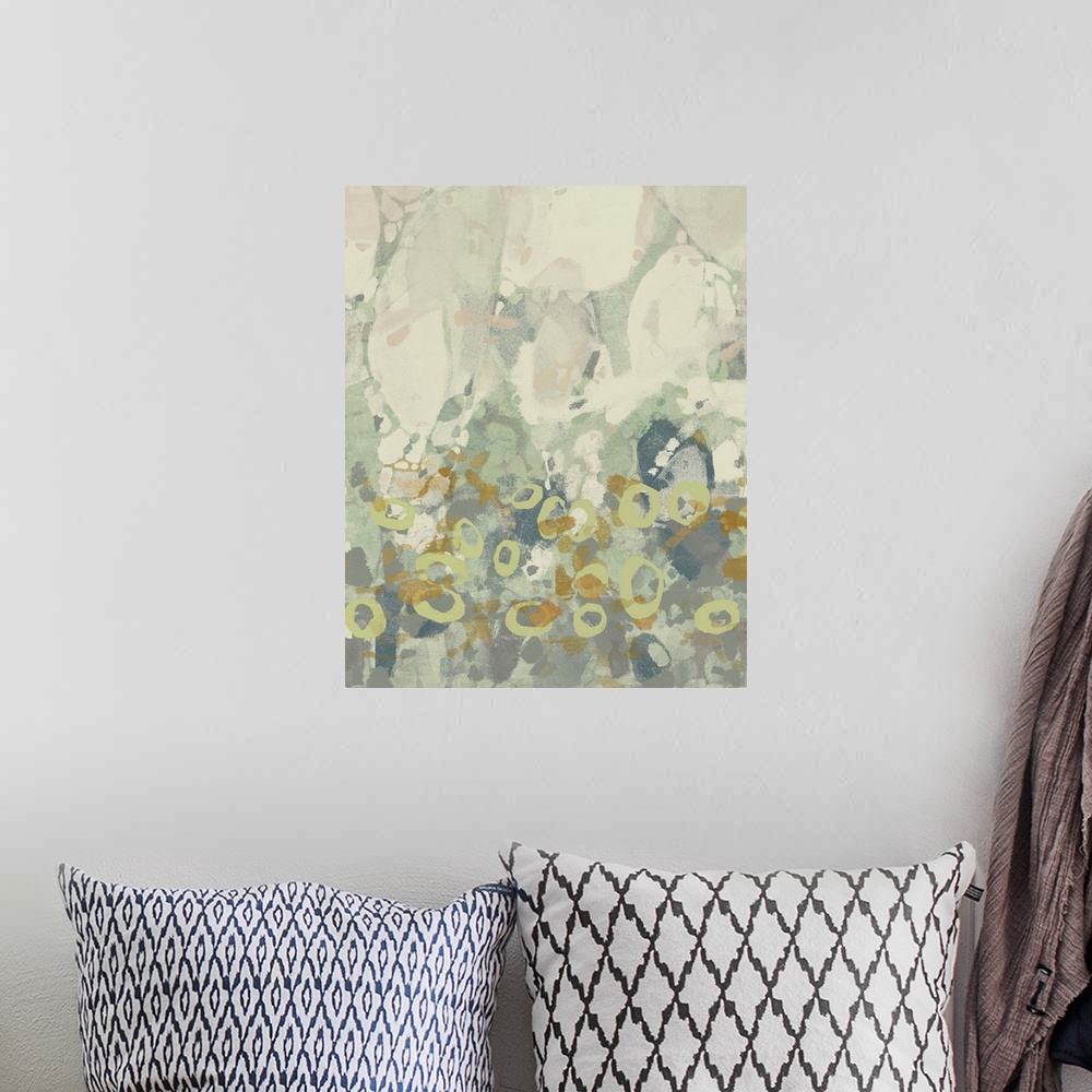A bohemian room featuring Contemporary abstract painting using pale cool tones in organic shapes.