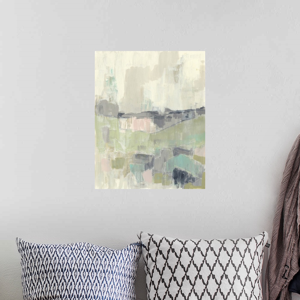 A bohemian room featuring Abstract pastel landscape.