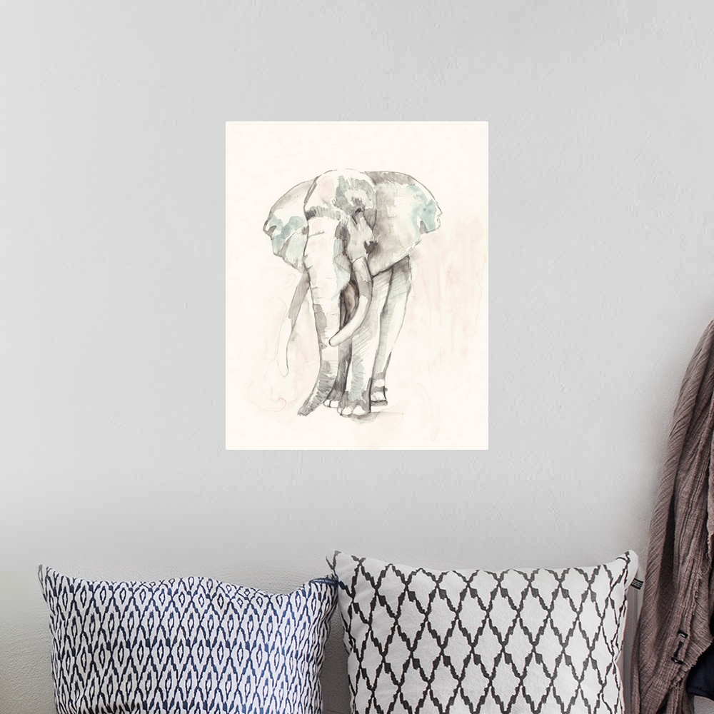 A bohemian room featuring Contemporary abstract painting of an elephant in soft pastel hues.
