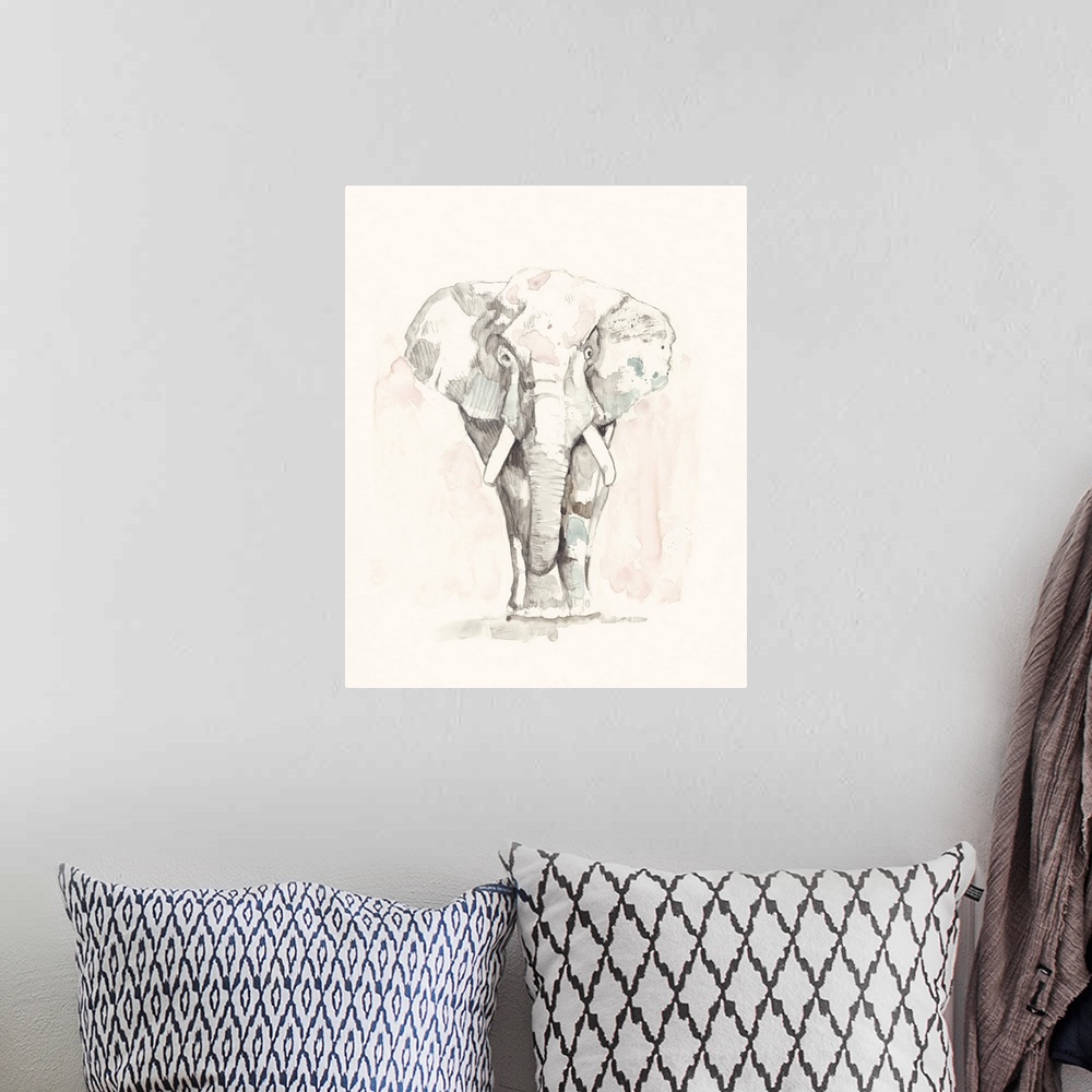 A bohemian room featuring Contemporary abstract painting of an elephant in soft pastel hues.