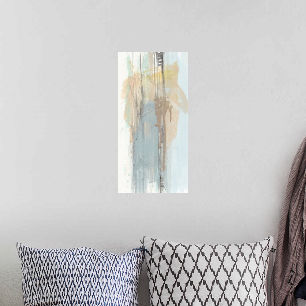 A bohemian room featuring Strong brushstrokes and paint splatters in pastel hues make up this contemporary abstract painting.
