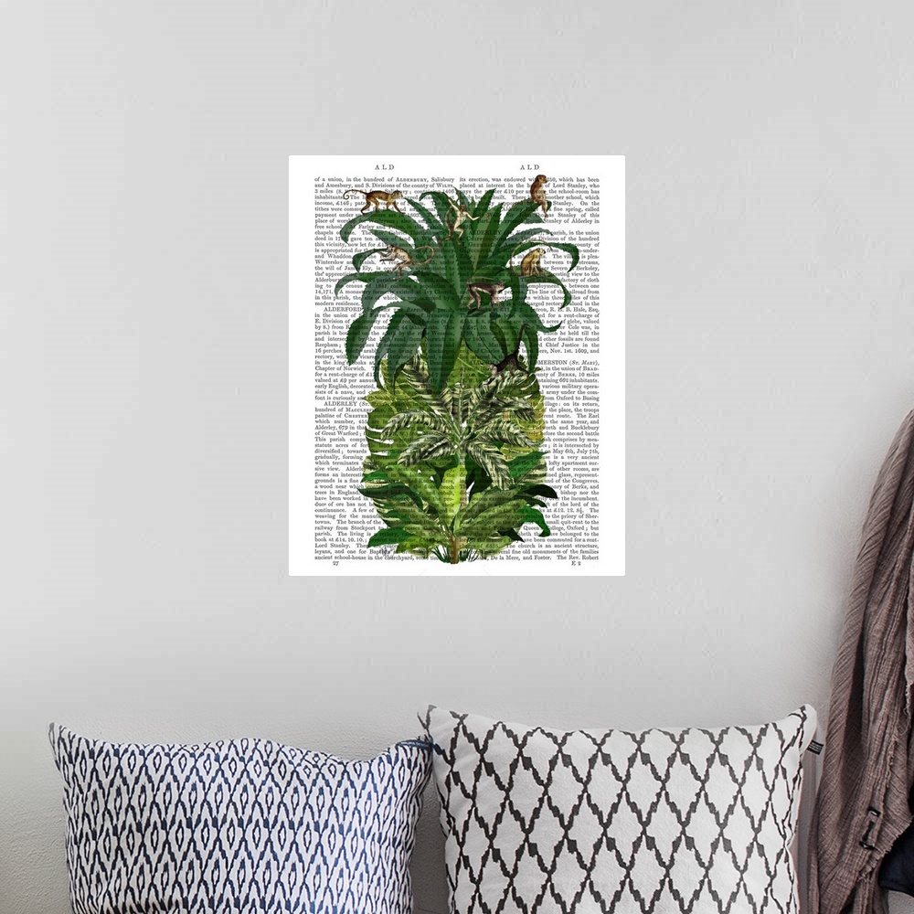 A bohemian room featuring Decorative art of the shape of a pineapple made out of tropical leaves with monkeys climbing all ...