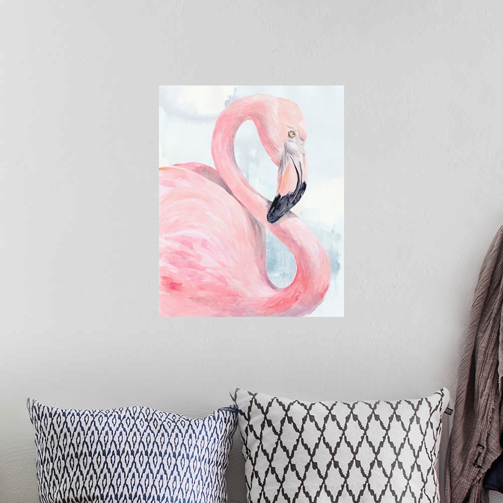 A bohemian room featuring Pink Flamingo Portrait I