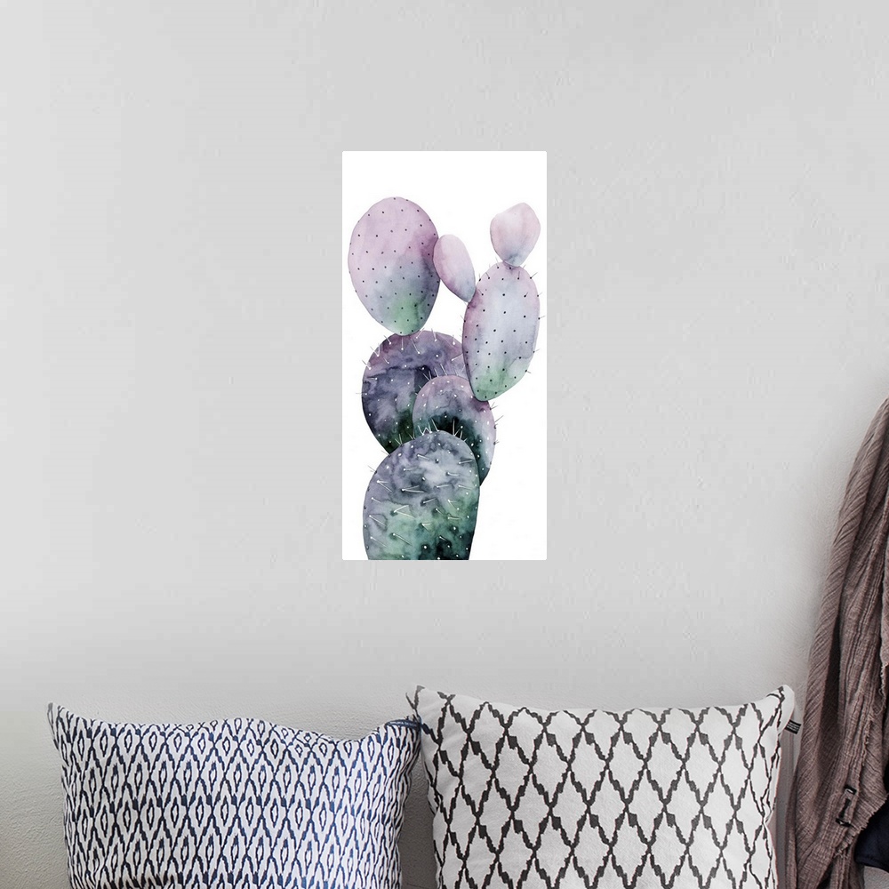 A bohemian room featuring Watercolor painting of a purple and green toned cactus on a white panel background.