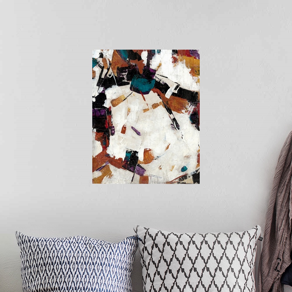 A bohemian room featuring Contemporary abstract painting using dark weathered colors.