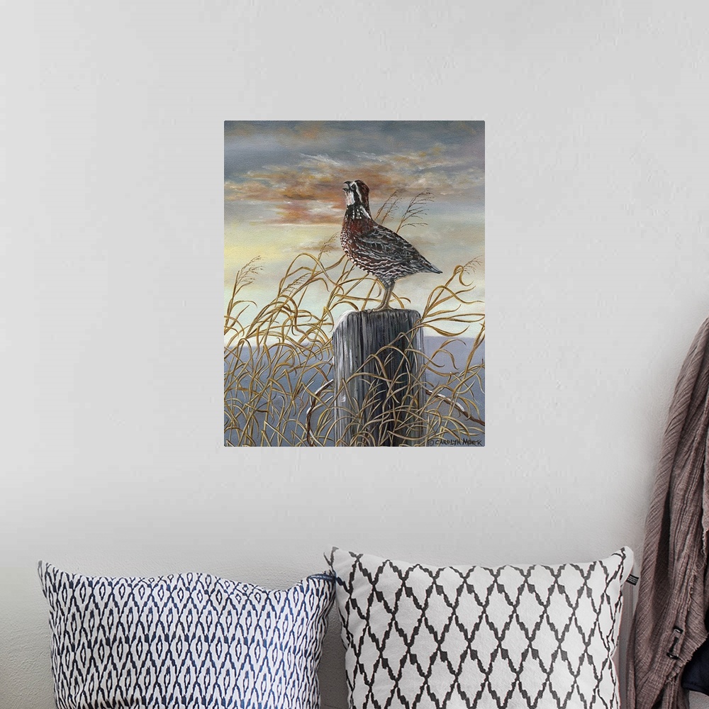 A bohemian room featuring Contemporary painting of a quail standing on a wooden post under a sunset sky.