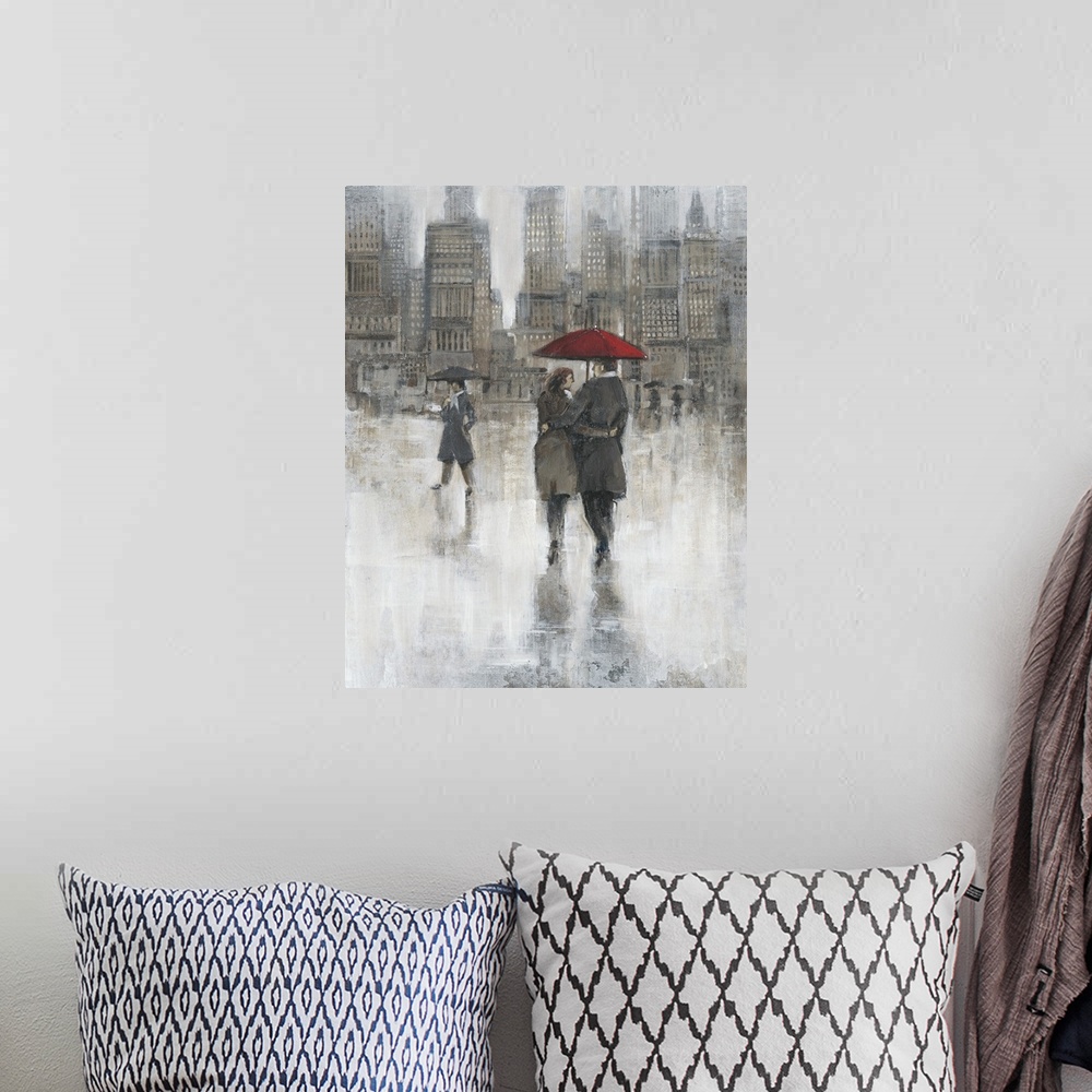 A bohemian room featuring Contemporary artwork of a couple in the city sharing a red umbrella.