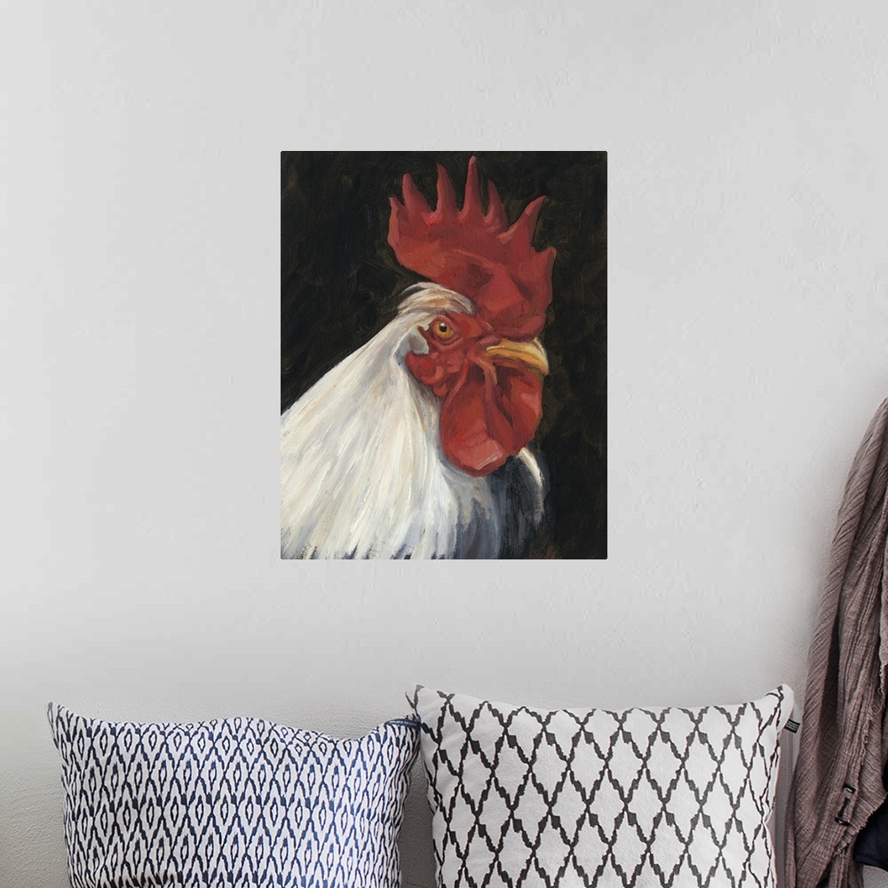 A bohemian room featuring Contemporary painting of a white rooster on a dark background.