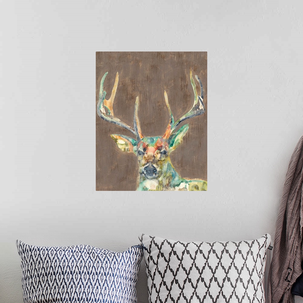 A bohemian room featuring Contemporary portrait of a deer with a large rack of antlers.