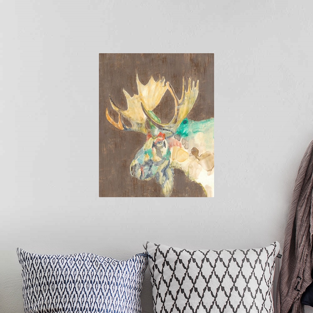 A bohemian room featuring Contemporary portrait of a moose with large antlers.