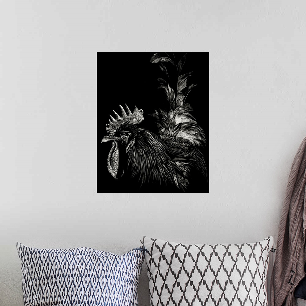 A bohemian room featuring Black and white illustration of a rooster with a large comb and long tail.