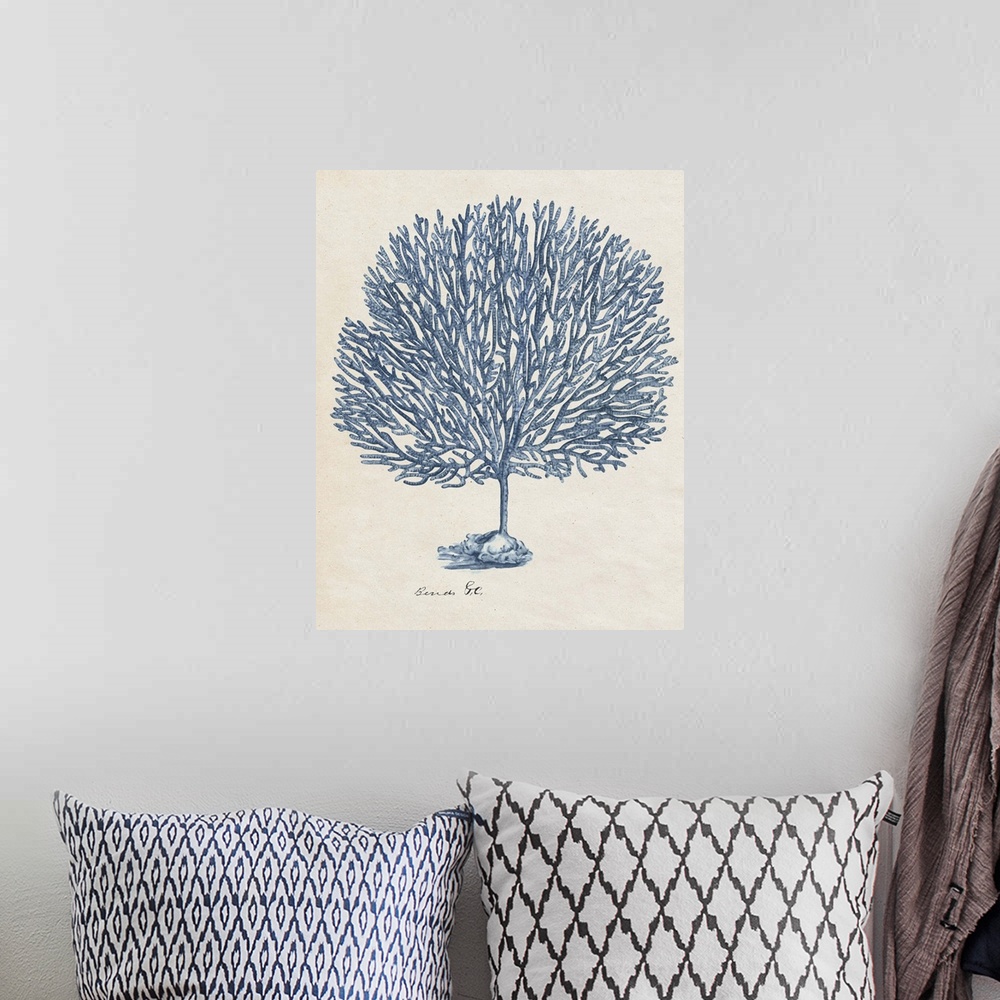 A bohemian room featuring A watercolor illustration of details of coral in blue against a beige backdrop.