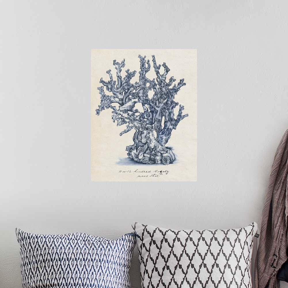 A bohemian room featuring A watercolor illustration of details of coral in blue against a beige backdrop.