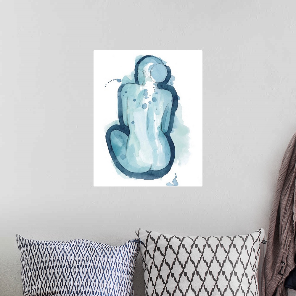 A bohemian room featuring Contemporary abstract figurative painting in blue watercolor.