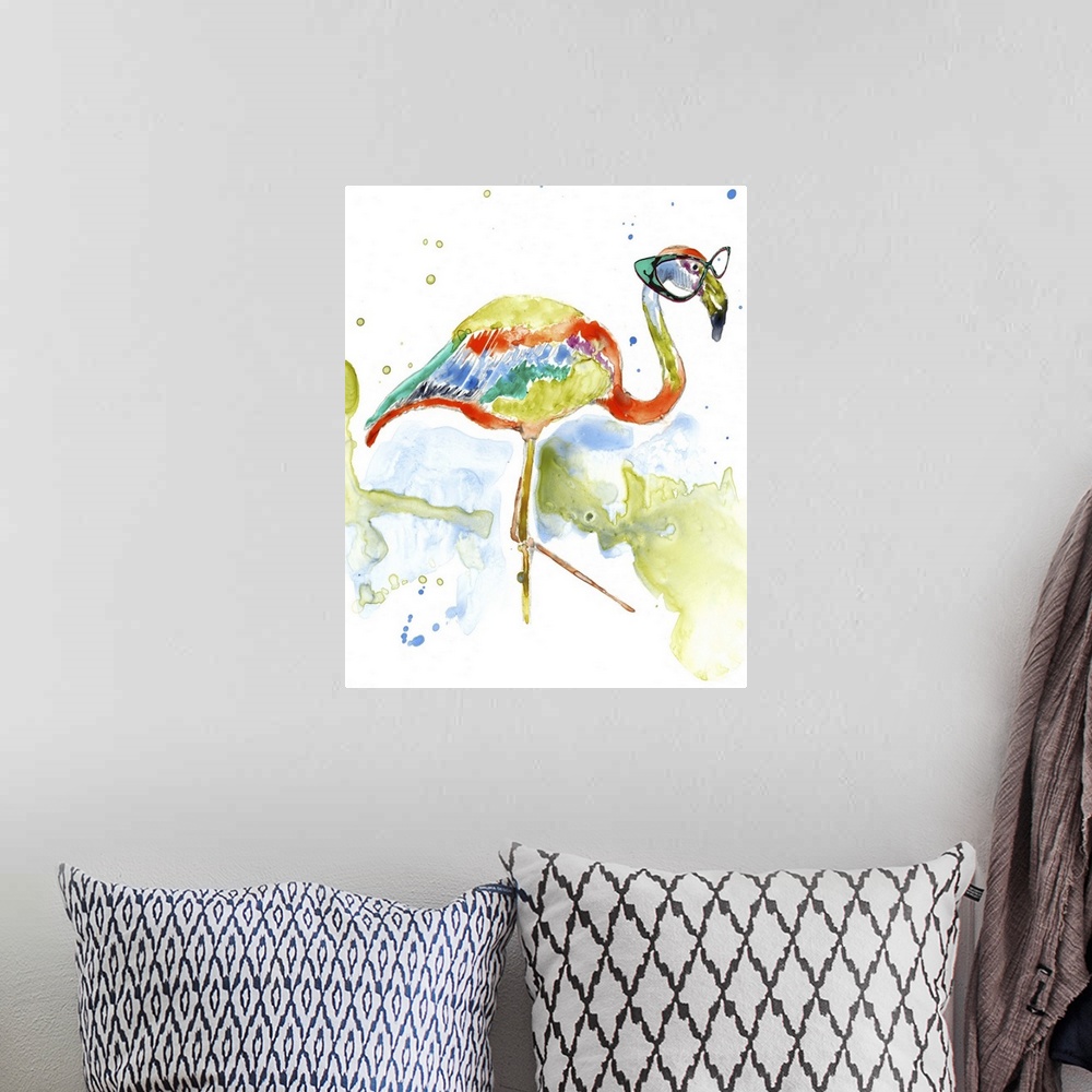 A bohemian room featuring Colorful watercolor painting of a flamingo wearing teal rimmed glasses.