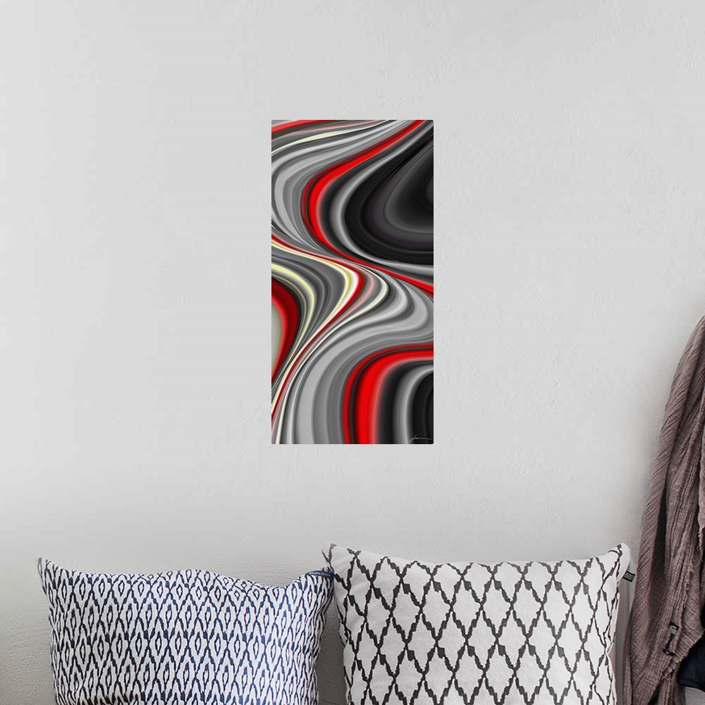 A bohemian room featuring Contemporary abstract artwork of wavy lines in neutral colors, with bright red streaks running th...