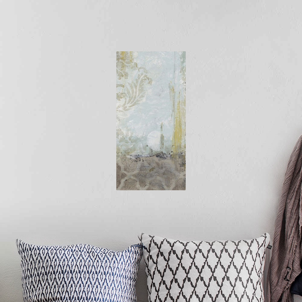 A bohemian room featuring Contemporary abstract art using patterns and soft earth tones.