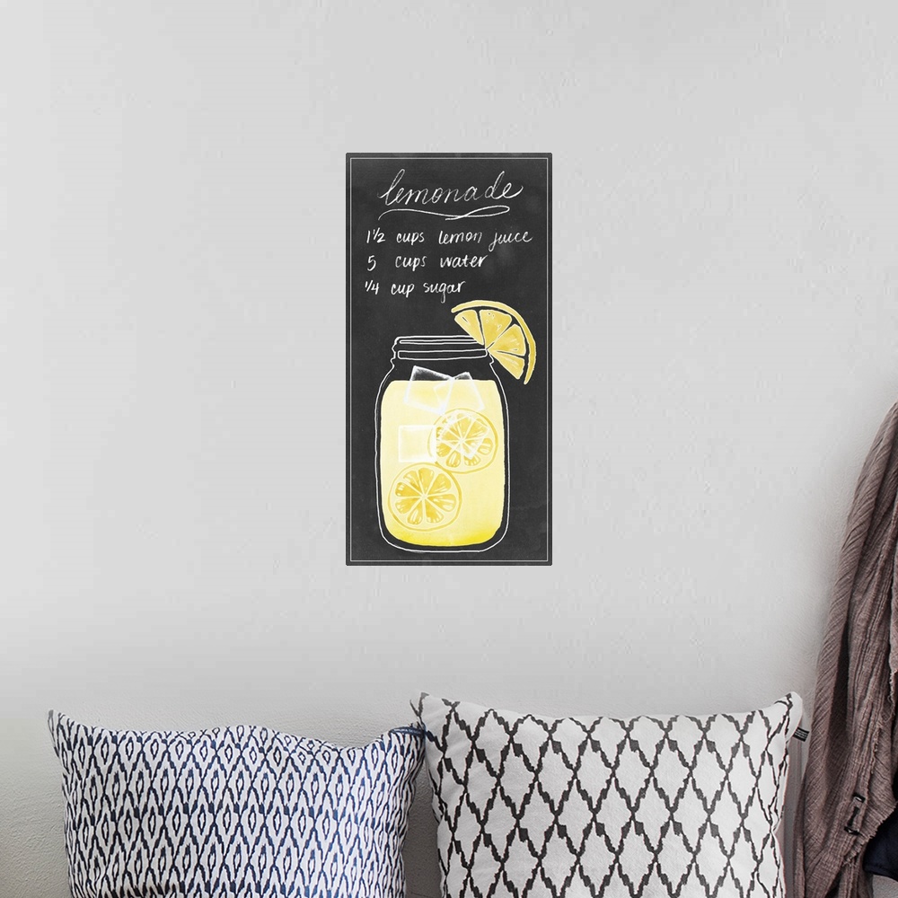 A bohemian room featuring Contemporary artwork fora drink recipe using vibrant colors and fruit illustrations.