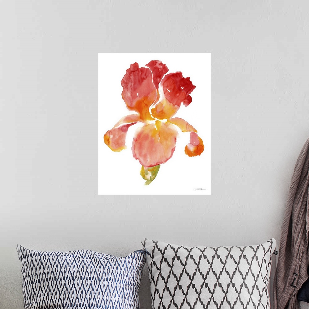 A bohemian room featuring Contemporary watercolor painting of a flower in warm red and orange tones.