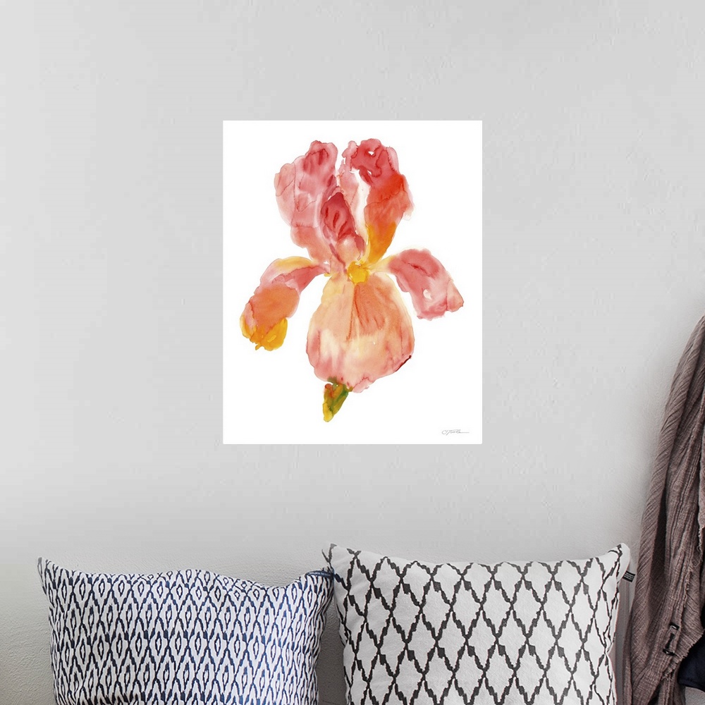 A bohemian room featuring Contemporary watercolor painting of a flower in warm red and orange tones.