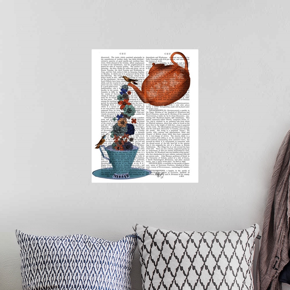 A bohemian room featuring Decorative artwork of a teapot pouring flowers into a teacup with two birds painted on the page o...