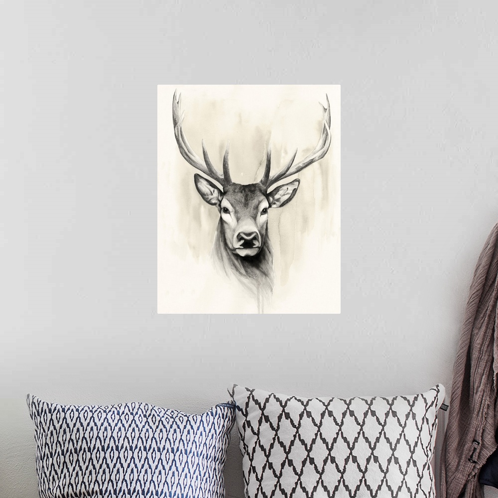 A bohemian room featuring Watercolor portrait of a deer in neutral hues.