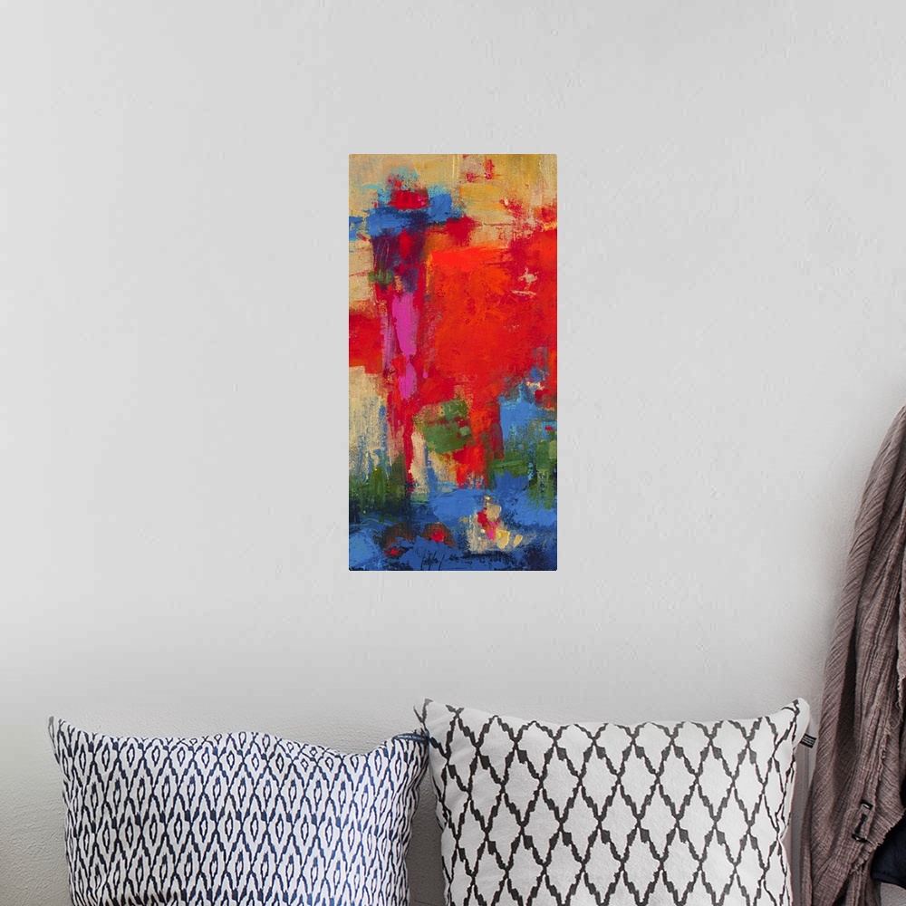 A bohemian room featuring Vertical abstract painting in tropical, almost neon shades of red, green, and blue.