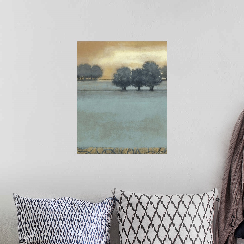 A bohemian room featuring Contemporary artwork of countryside landscape with pale blue field.