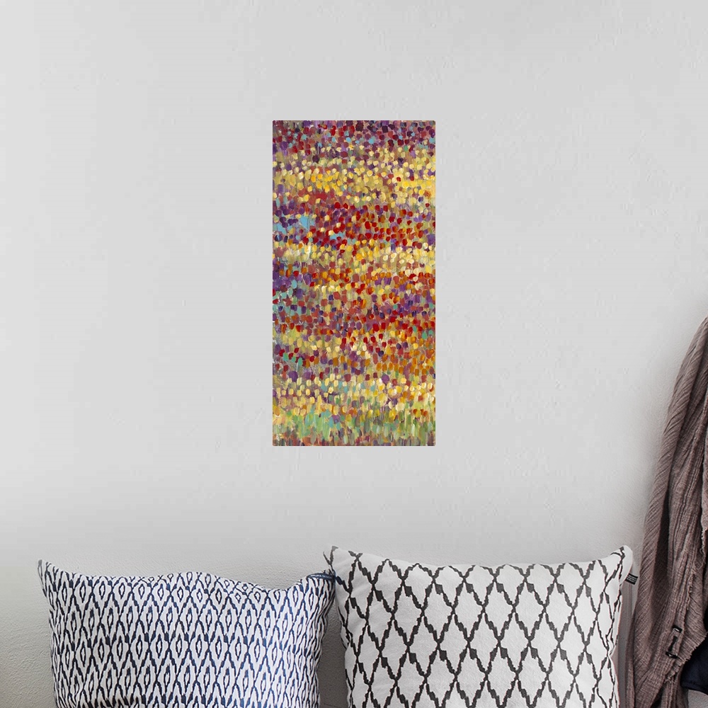 A bohemian room featuring Vertical contemporary painting of a field of tulips in bright, colorful dots of colors in an impr...