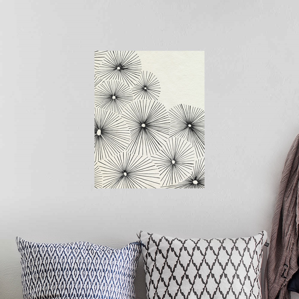 A bohemian room featuring A very minimalist contemporary illustration of overlapping circles of radiating spokes that resem...