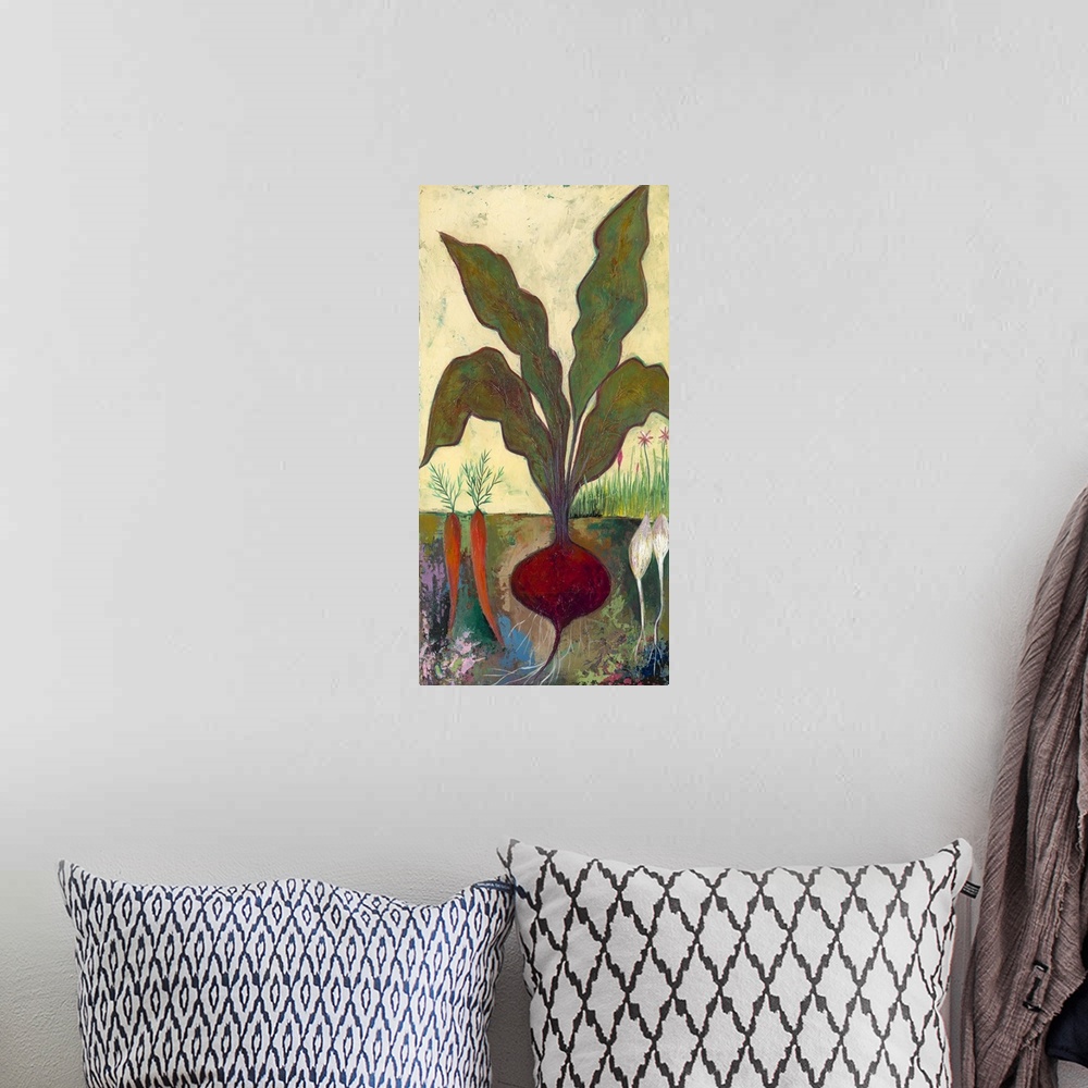 A bohemian room featuring Contemporary painting of a cross section view of garden vegetables in the ground.