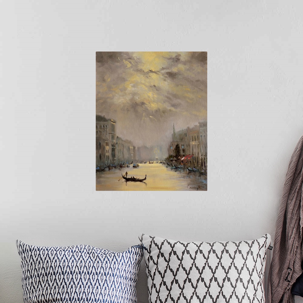 A bohemian room featuring A contemporary painting of a Venetian cityscape.