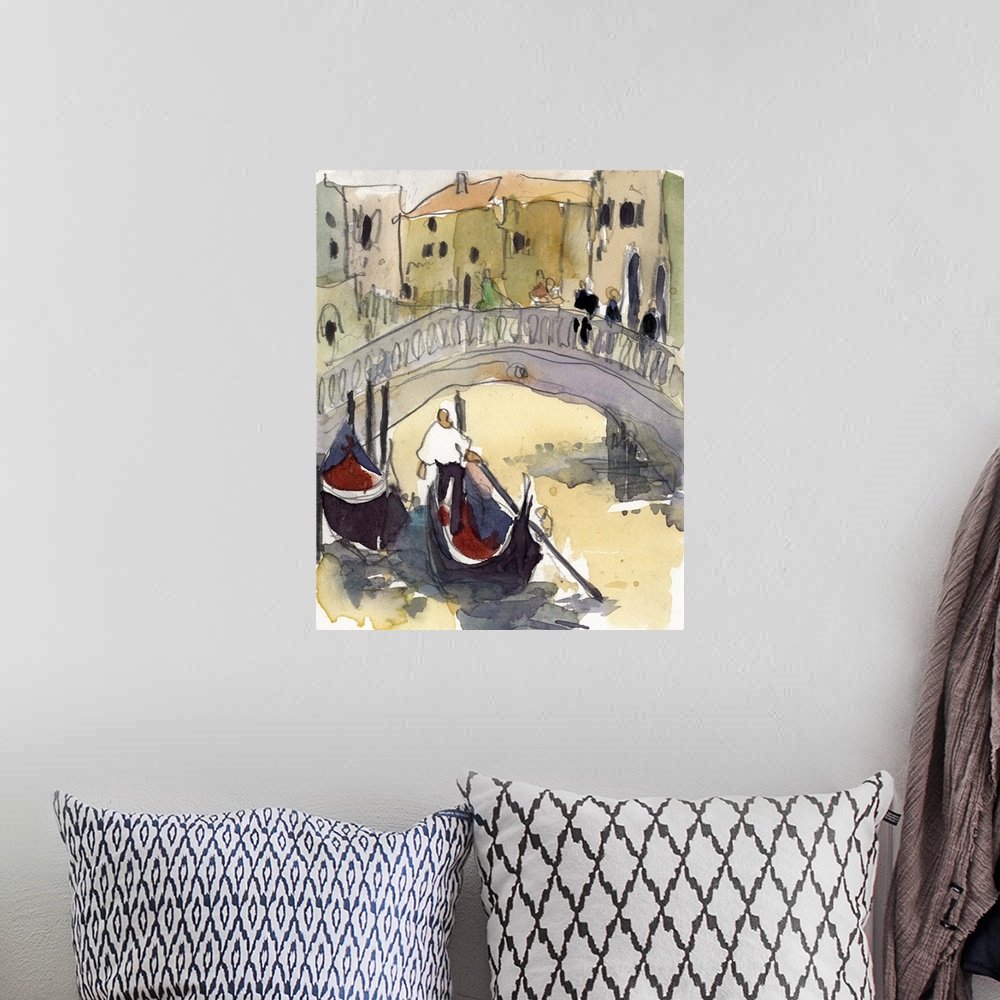 A bohemian room featuring Watercolor open air painting of a bridge over the canal with gondolas in Venice, Italy.