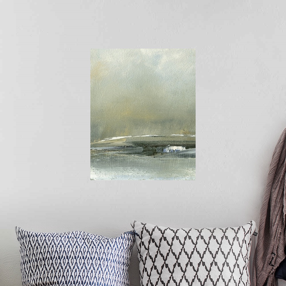 A bohemian room featuring Vertical modern seascape painting in muted colors with a rough texture.