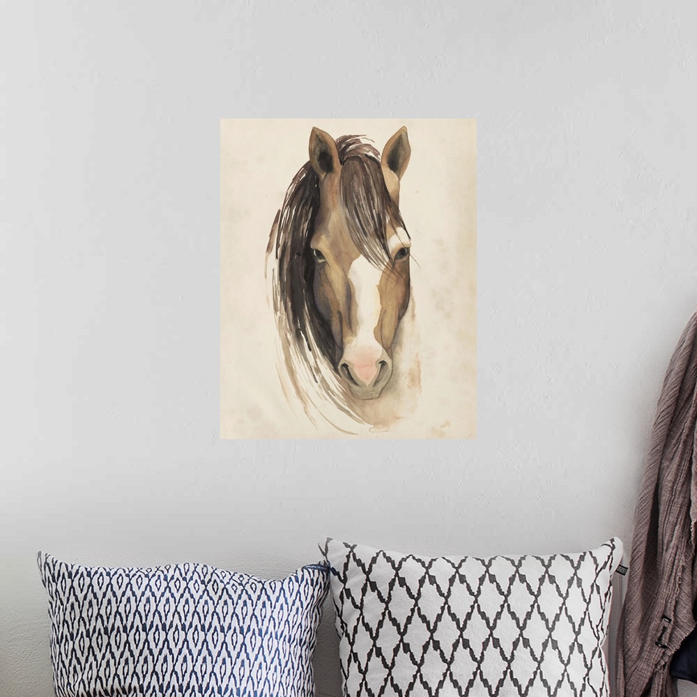 A bohemian room featuring Watercolor painting of a horse with a white blaze on its nose.