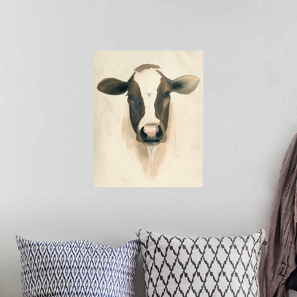 A bohemian room featuring Watercolor painting of a dairy cow.