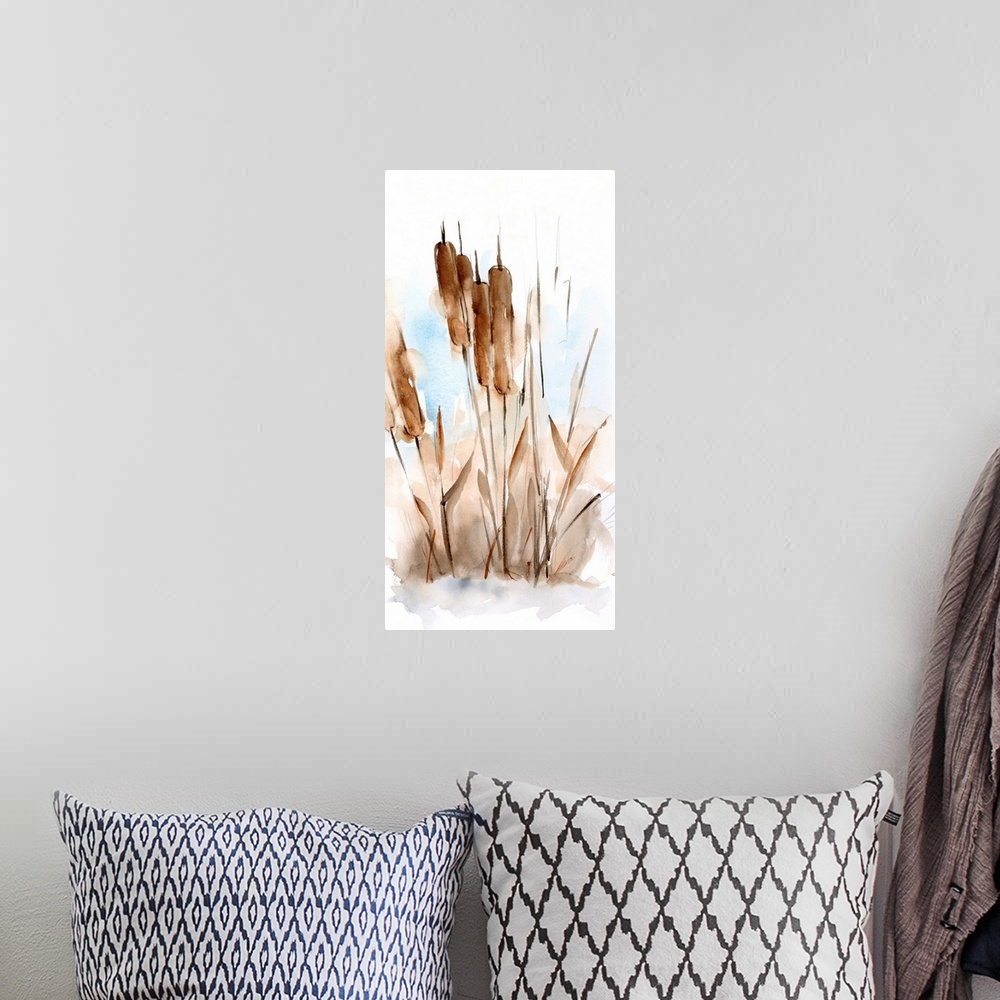 A bohemian room featuring Watercolor Cattail Study I