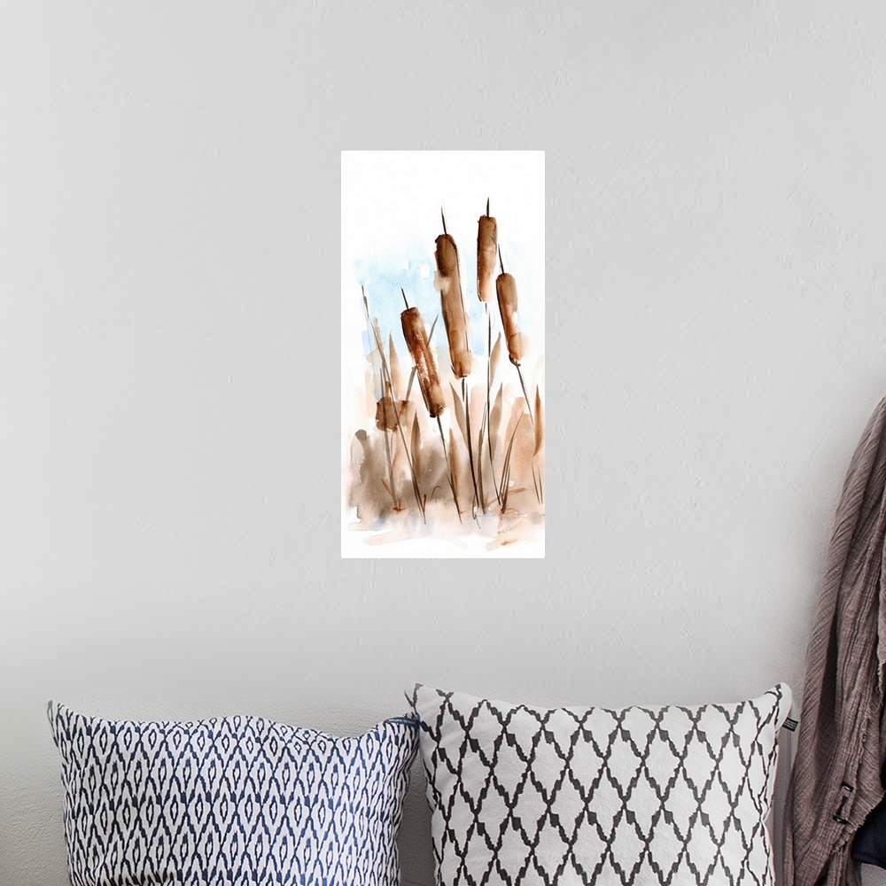 A bohemian room featuring Watercolor Cattail Study II